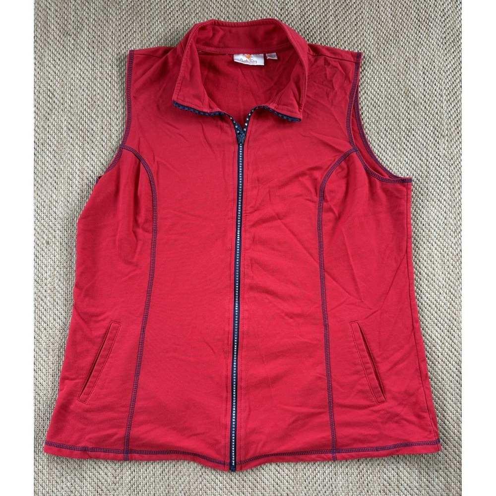 Quacker Factory French Terry Zip Front Rhinestone Vest Red Size Large A273161